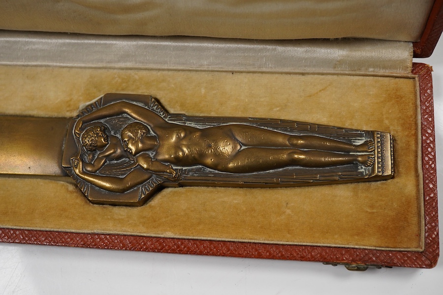 Lucien Bazor (1889–1974), an Art Deco bronze paper knife, signed, cased, 25cm in length